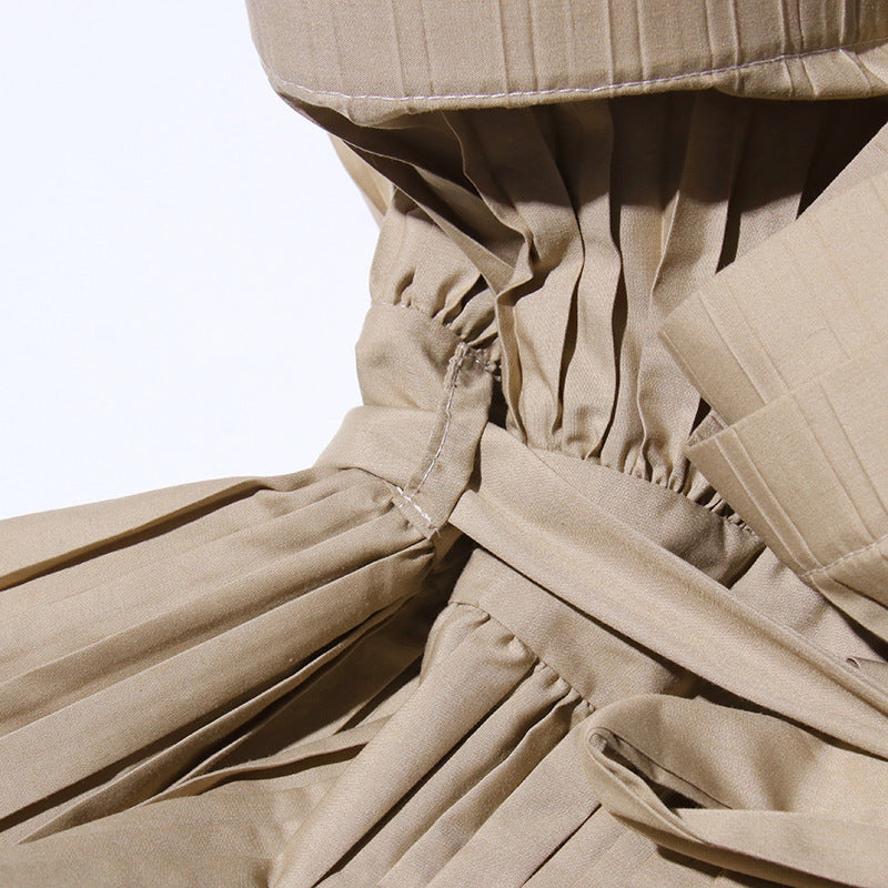 Khaki V-Neck Pleated Sleeveless Top