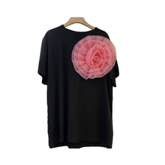 Solid Round Neck Patchwork Mesh 3D Flower Loose T-Shirt