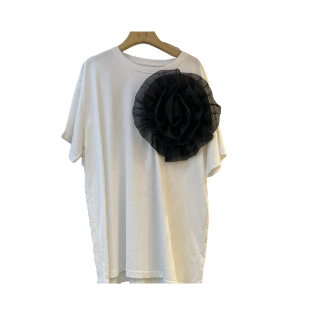 Solid Round Neck Patchwork Mesh 3D Flower Loose T-Shirt