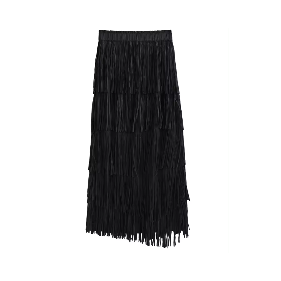 High Elastic Waist Pleated Tassels Long Skirt