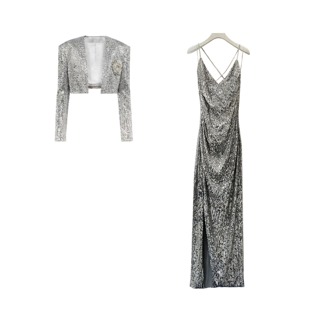 Classic Sequined Cropped Jacket + Strappy Maxi Dress