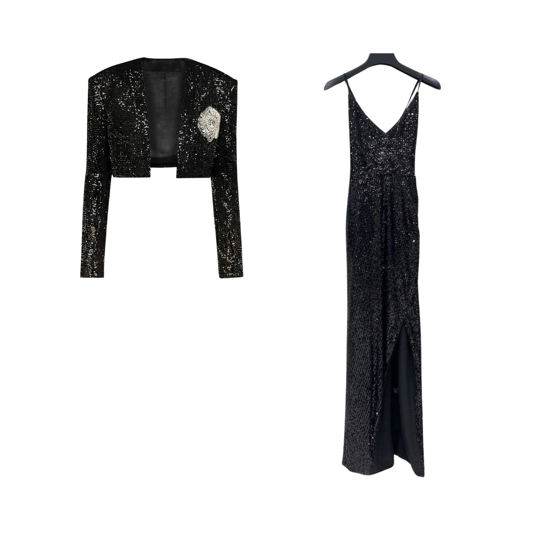 Classic Sequined Cropped Jacket + Strappy Maxi Dress