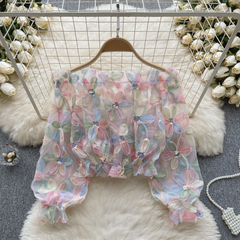 3D Flower Fairy Off-Shoulder Long-Sleeved Mesh Shirt