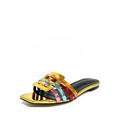 Colorful Woven Leather Square Toe Slippers