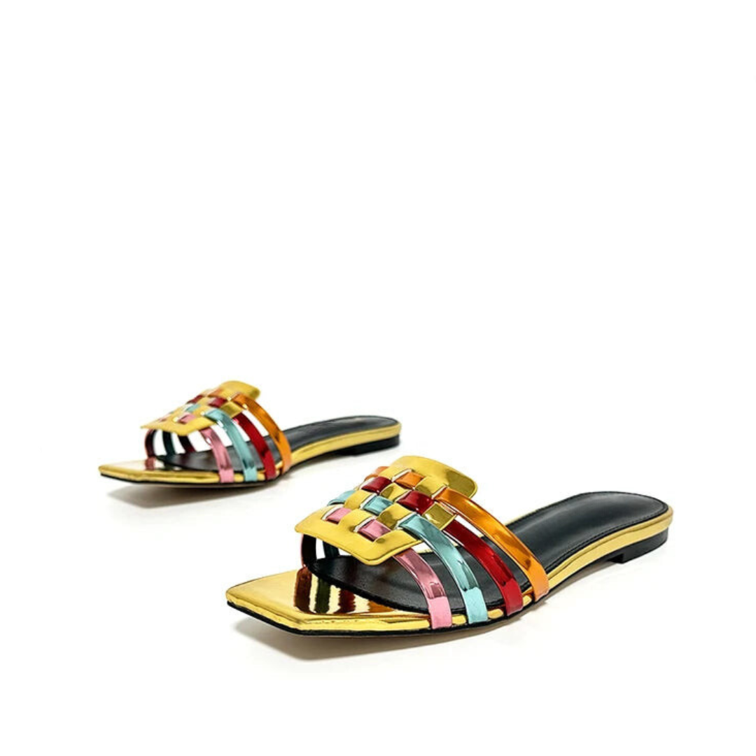 Colorful Woven Leather Square Toe Slippers