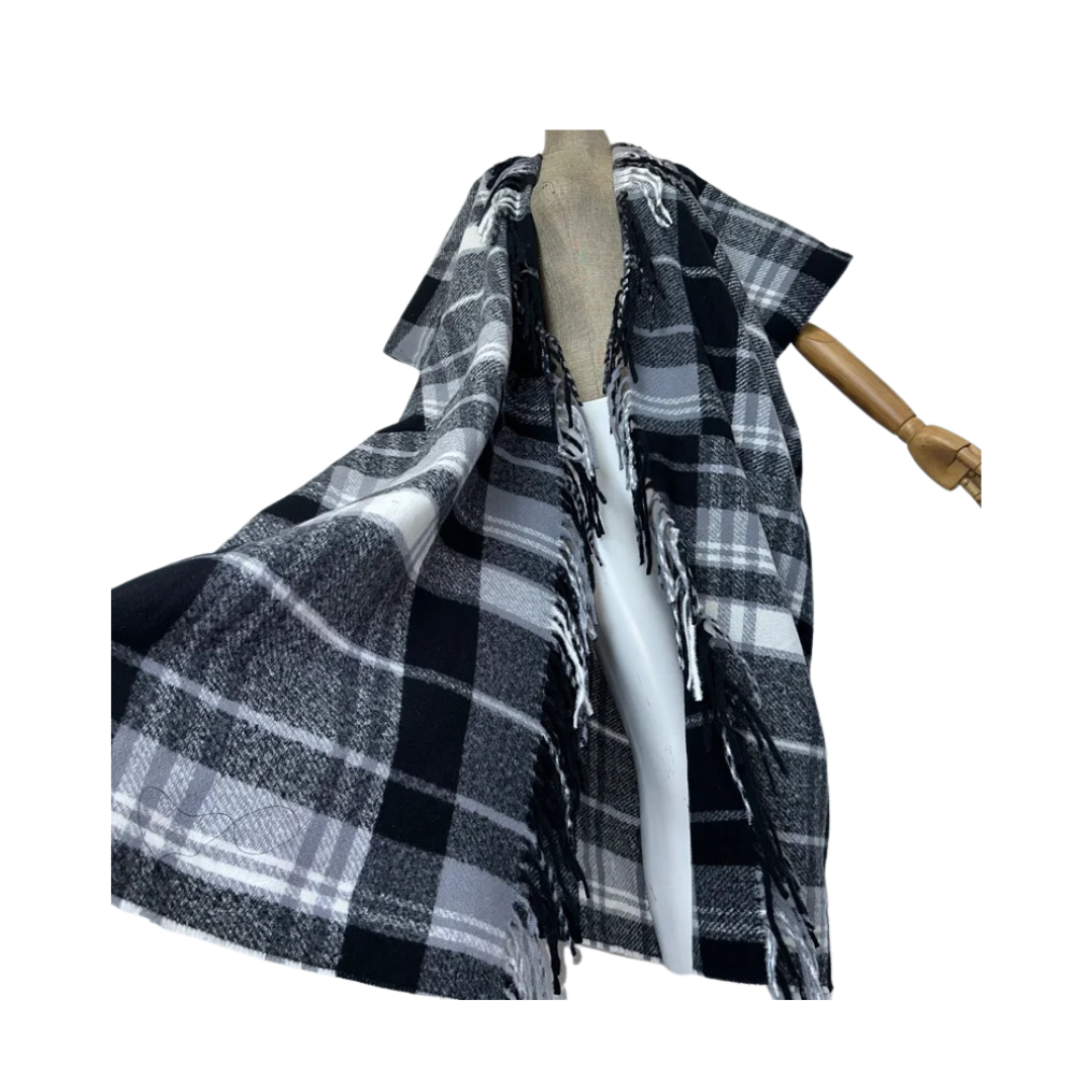 Warm Plaid Corded Tassel Poncho Cardigan  - WINI