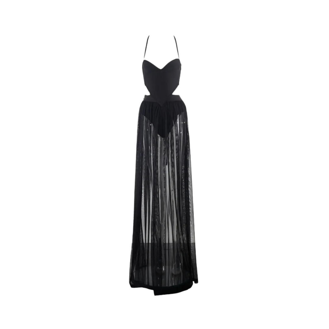 V Strap Mesh Hip Wrapped Maxi Dress