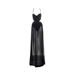V Strap Mesh Hip Wrapped Maxi Dress