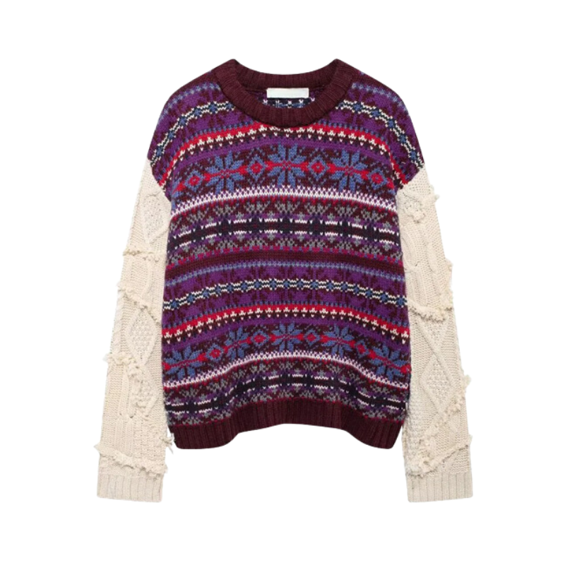 Casual Round Neck Contrasting Knitted Jacquard Sweater