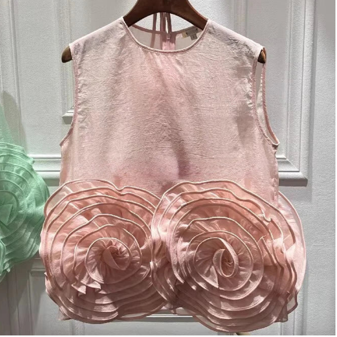 Handmade Flower Sleeveless Round Neck Top