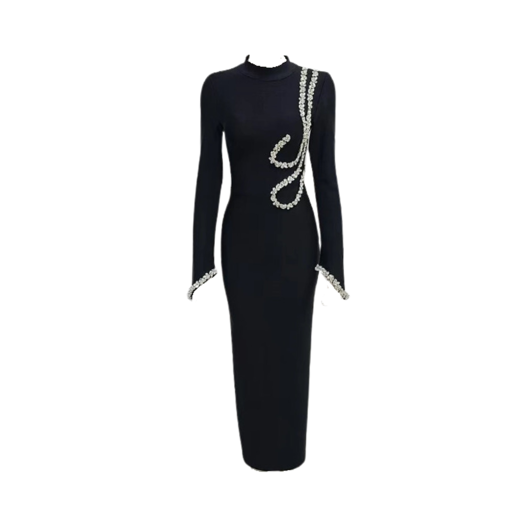 Black Long Sleeve Crystal Bandage Dress