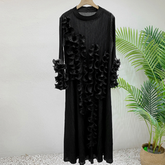 Black Ruffle Edge Pleated Long Sleeve Dress