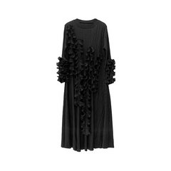 Black Ruffle Edge Pleated Long Sleeve Dress