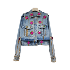 Handmade Rhinestone Rivet Slim Fit Short Denim Jacket