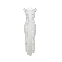 Pleated High Waist Slim Fit Wrapped Hip Maxi Dress