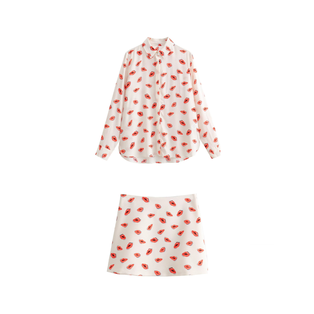 Casual Lips Print Long Sleeve Shirt + Mini Skirt