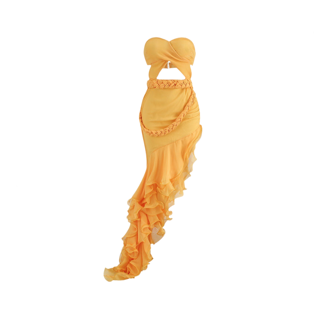 Strapless Slim Fit Braided Cut Out Ruffle Edge Dress