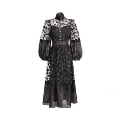 Stand Collar Puff Sleeves 3D Floral Mesh Dress