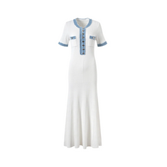 Elastic Slim Fit Round Neck Button Up Maxi Knit Dress