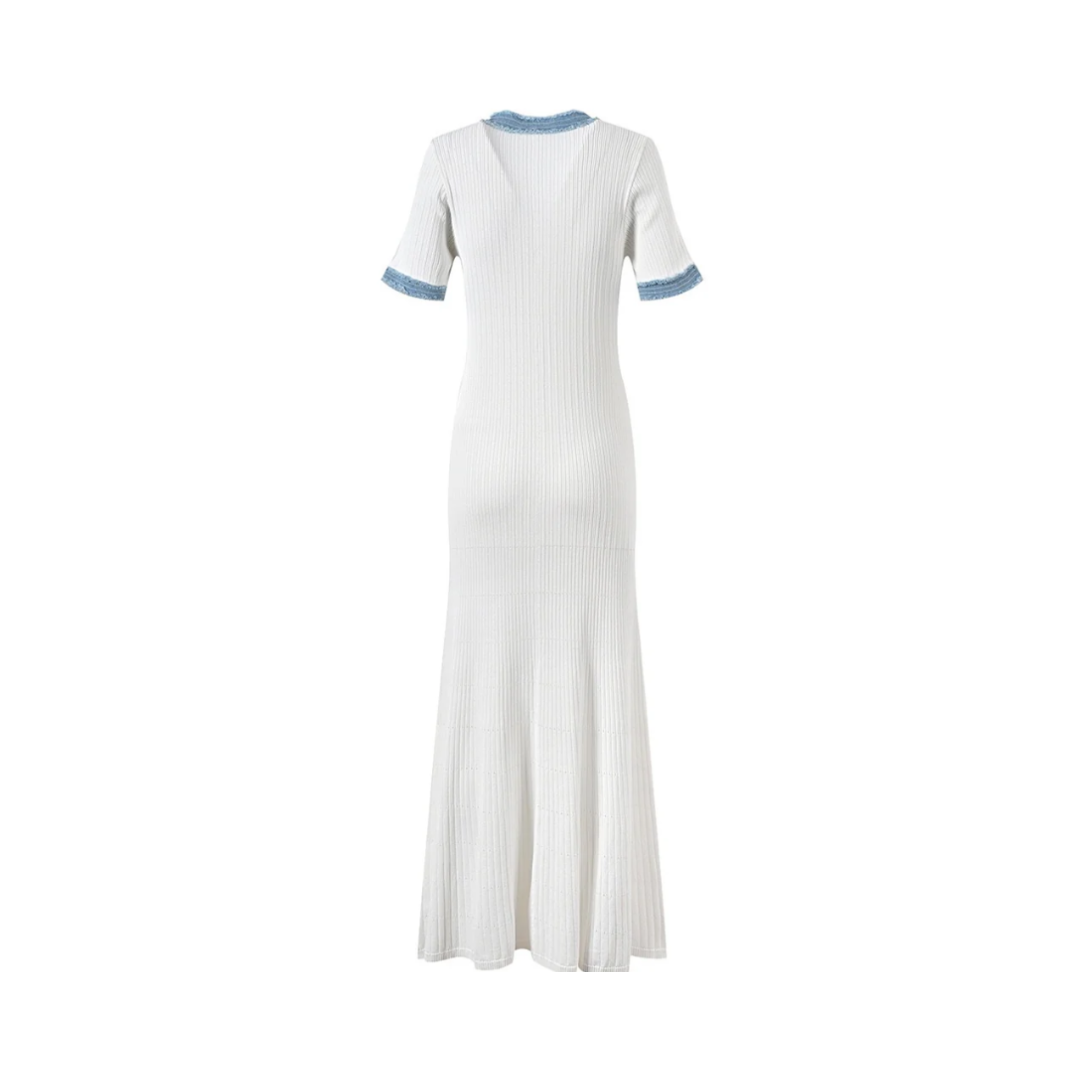 Elastic Slim Fit Round Neck Button Up Maxi Knit Dress