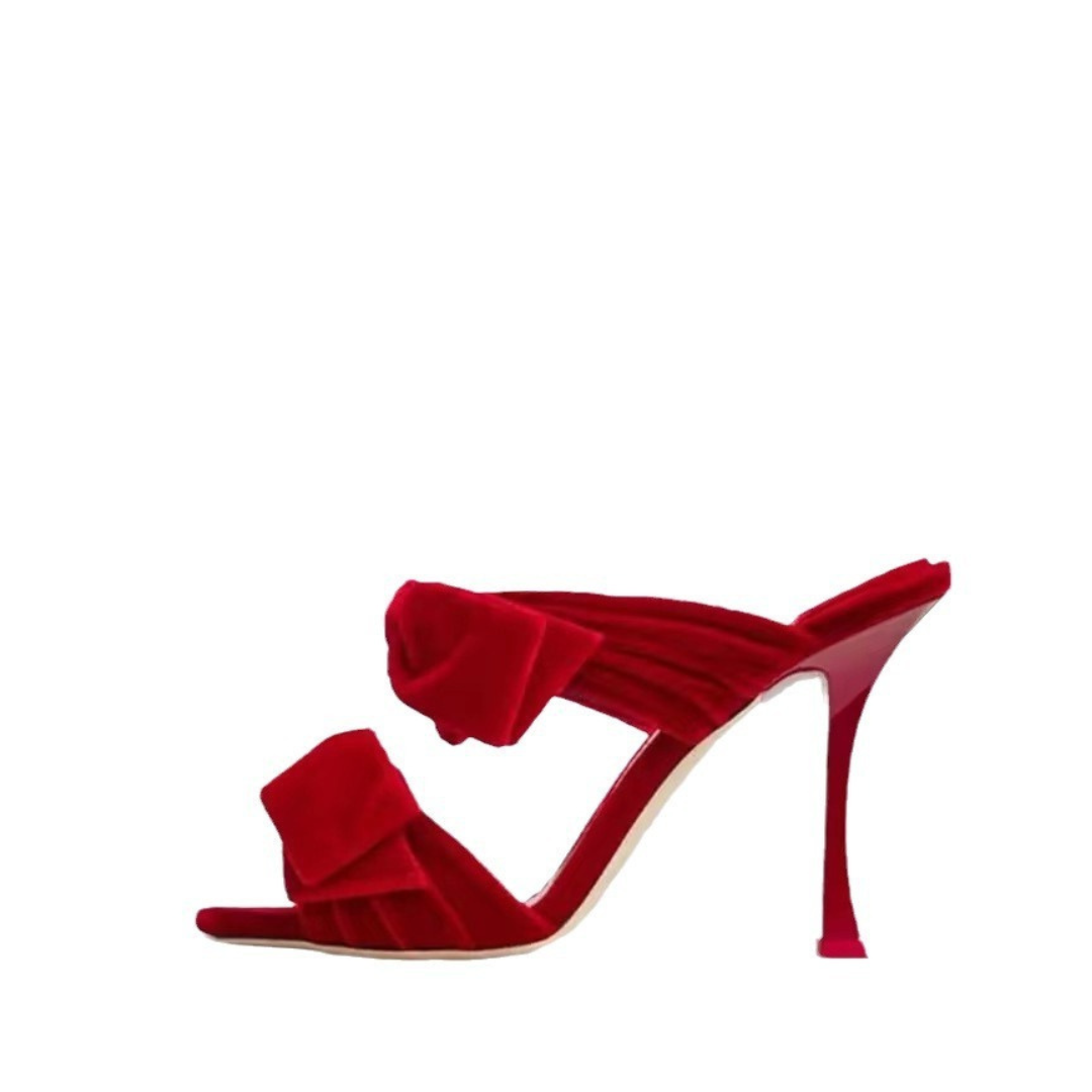 Solid Velvet Bow Open Toe Sandals