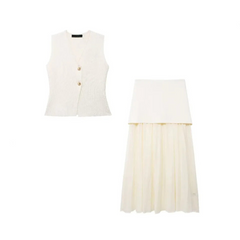 Gold Button Knitted Vest + Pleated Skirt