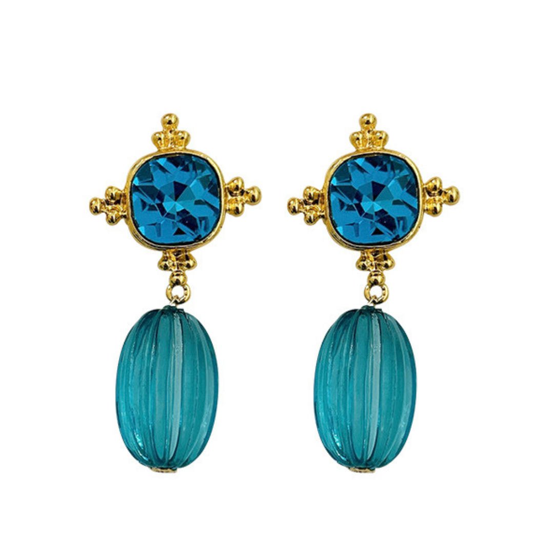 Retro Blue Geometric Crystal Pendant Earrings