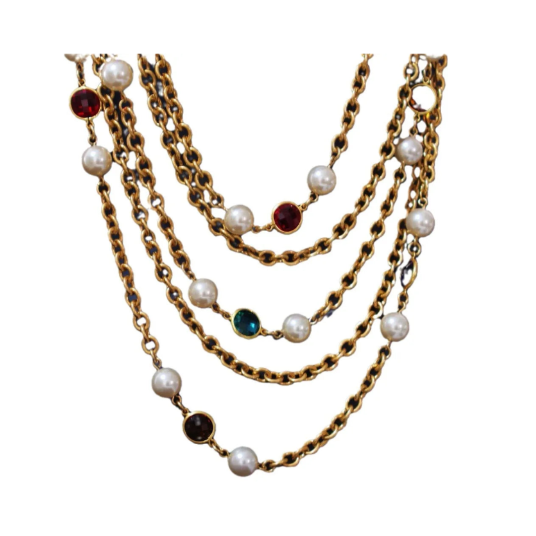 Retro Plain Gold Multi-Layer Crystal Glass Pearl Necklace