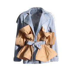 Color Block Spliced Belt Ruffled Edge Denim Jacket