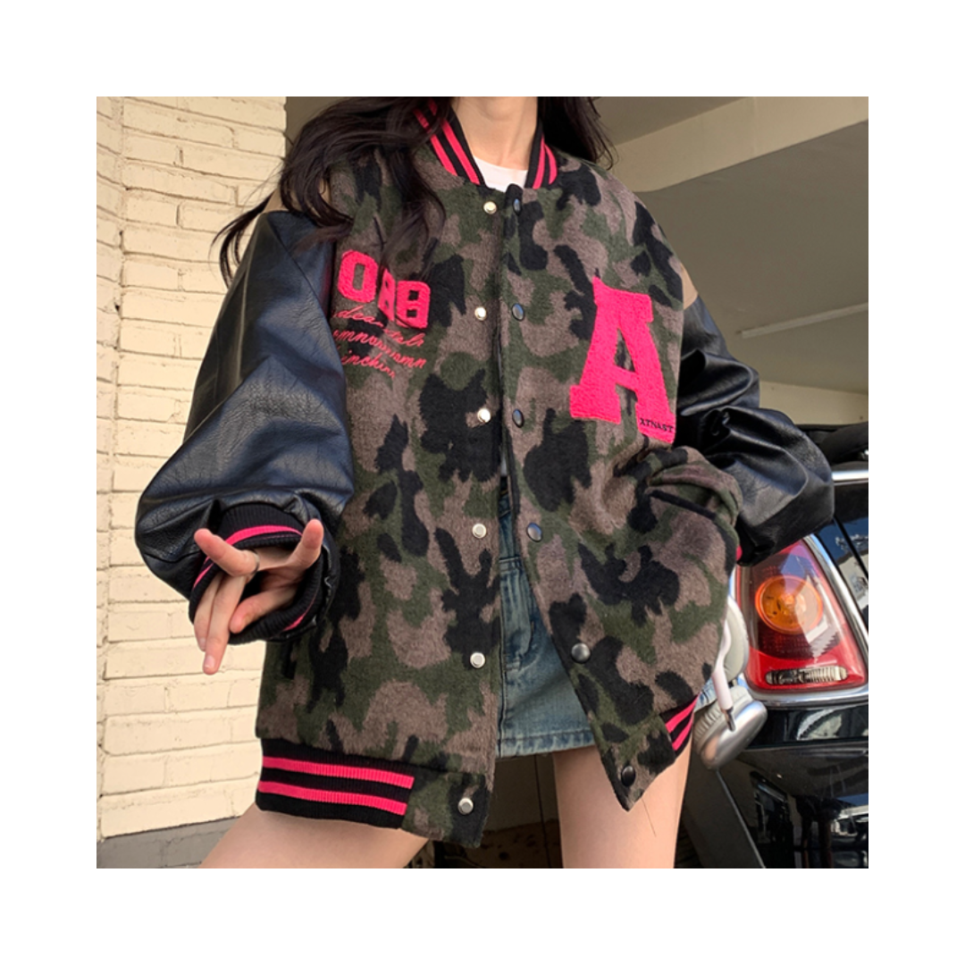 Camouflage PU Leather Bomber Jacket