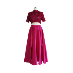 Sequins Cropped Top + Wide Slit Long Skirt Set
