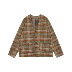 Brown Plaid Mohair V-Neck Cardigan