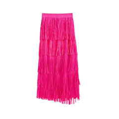 High Elastic Waist Pleated Tassels Long Skirt