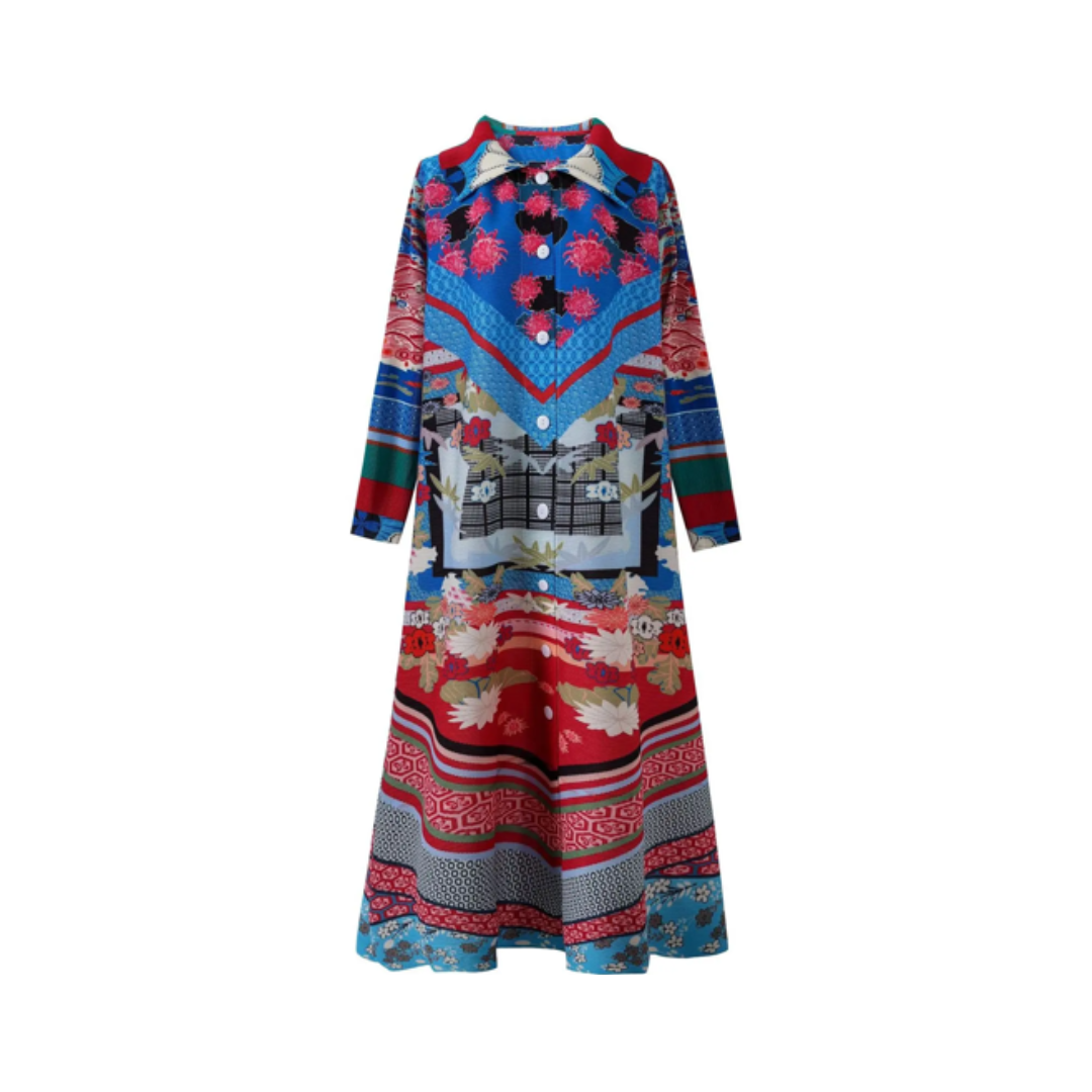 Casual Retro Print Long Sleeve Collar Midi Cardigan