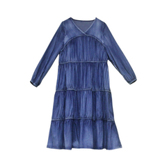 V-Neck Loose Cake Skirt Long-Sleeved Denim Retro Dress