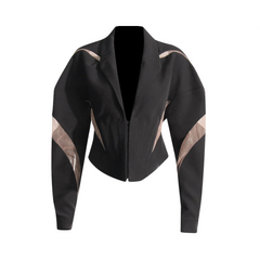 Mesh Splicing Curved Hem Long Sleeve Blazer