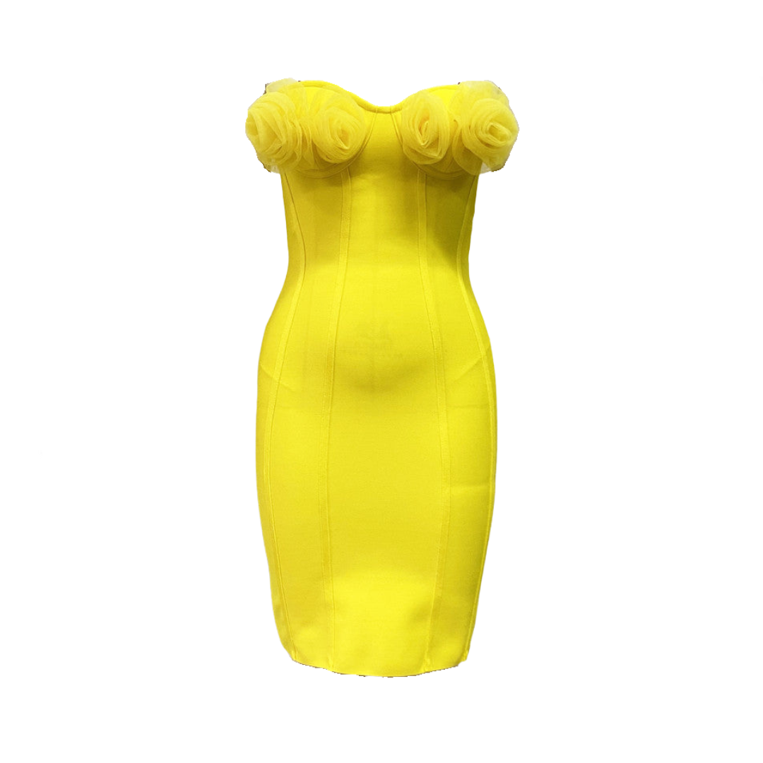 Strapless 3D Mesh Flower Bodycon Dress