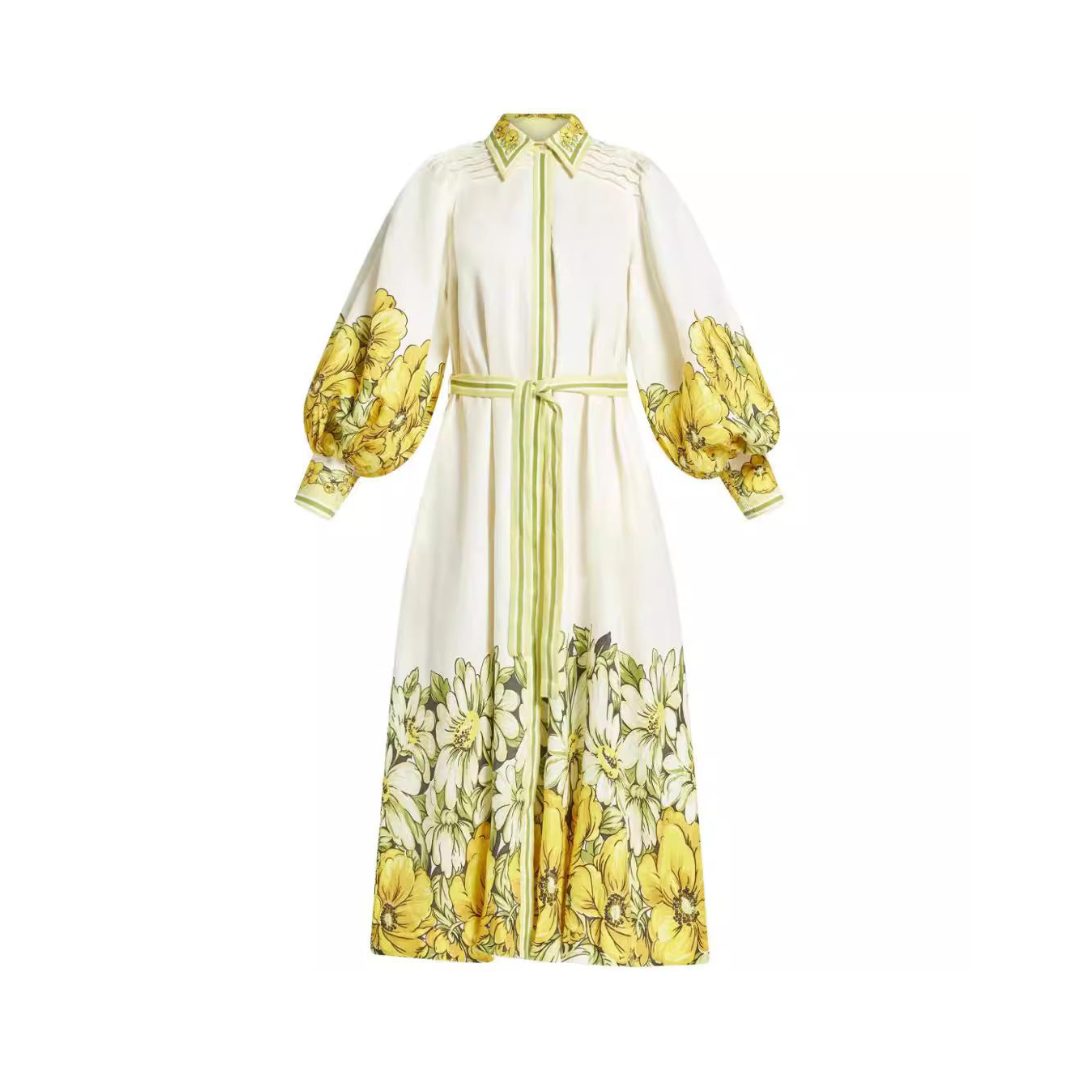 Elegant Floral Yellow Lace Up Dress