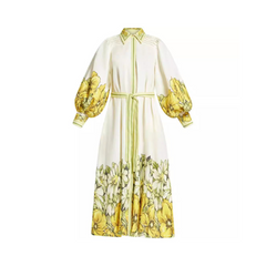 Elegant Floral Yellow Lace Up Dress