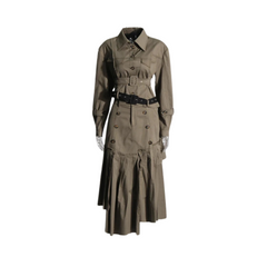 Asymmetrical Double Belt Trench Top + Pleated Skirt Set