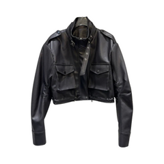 Buckle Front Pockets Cropped Faux Leather Jacket