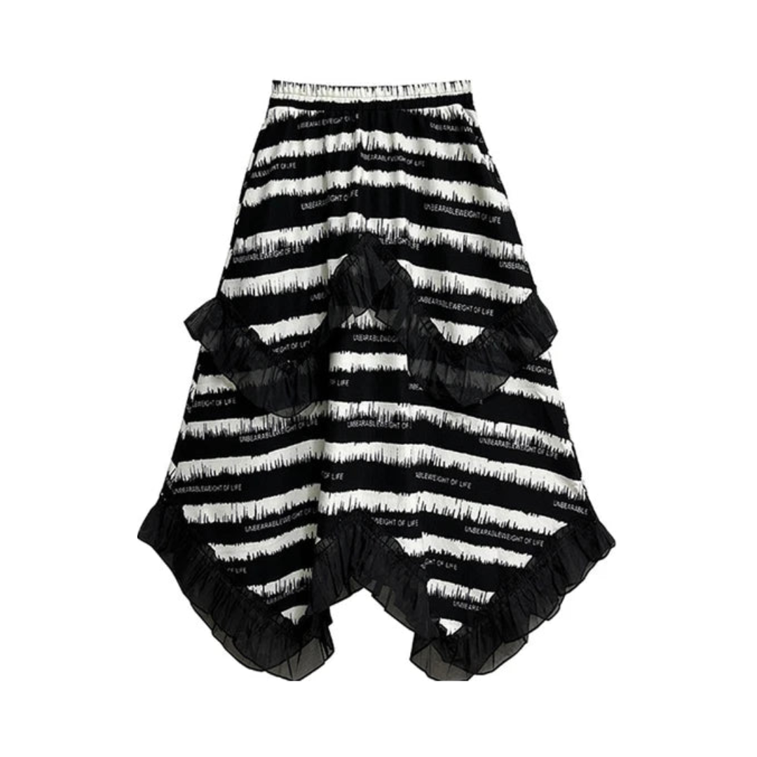 Striped Knitted Ruffle Multilayered Midi Skirt