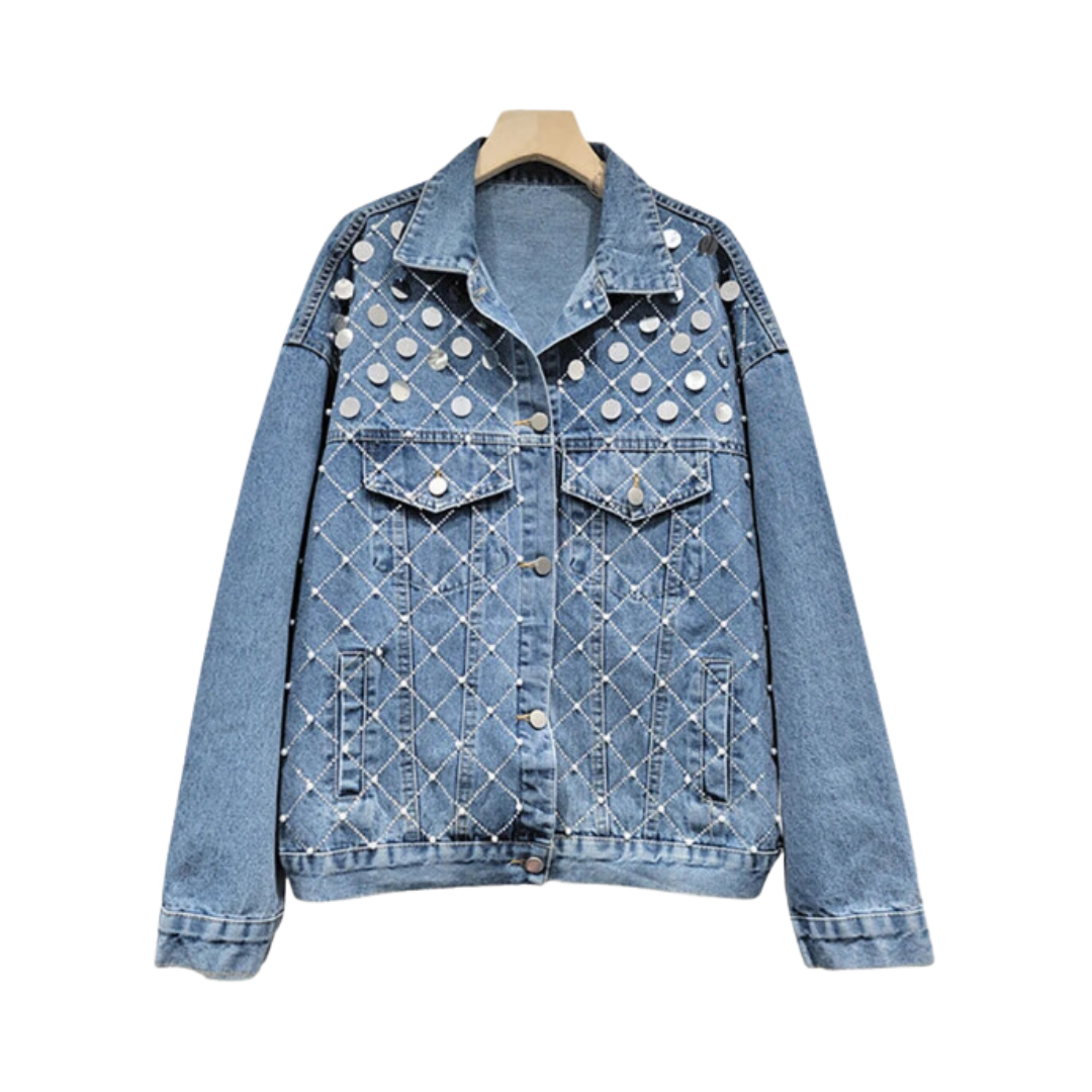 Sequins Pearls Plaid Rhinestone Denim Jacket