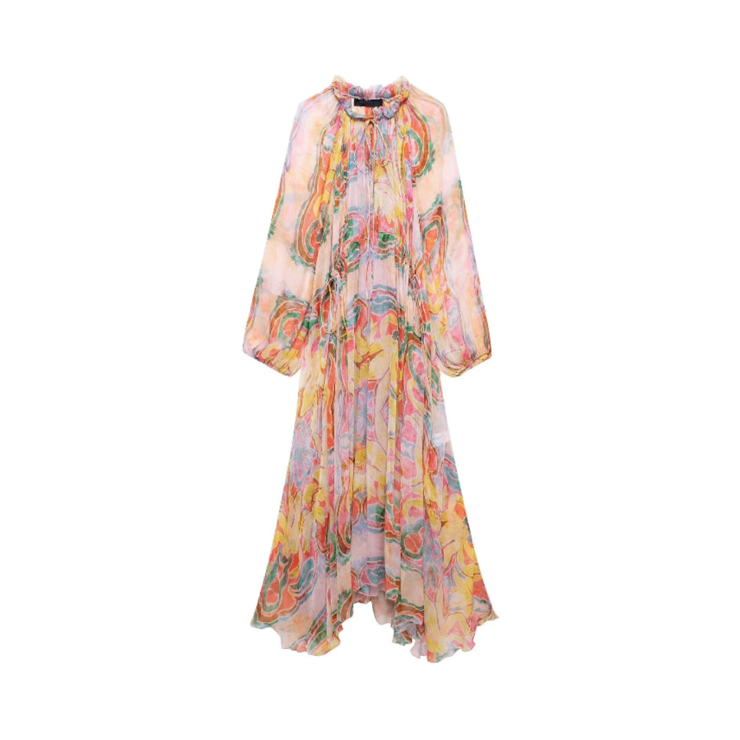 Rainbow Half High Collar Long Sleeve Loose Dress