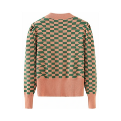 Plaid Bubble Sleeve Cat Embroidery Cropped Sweater