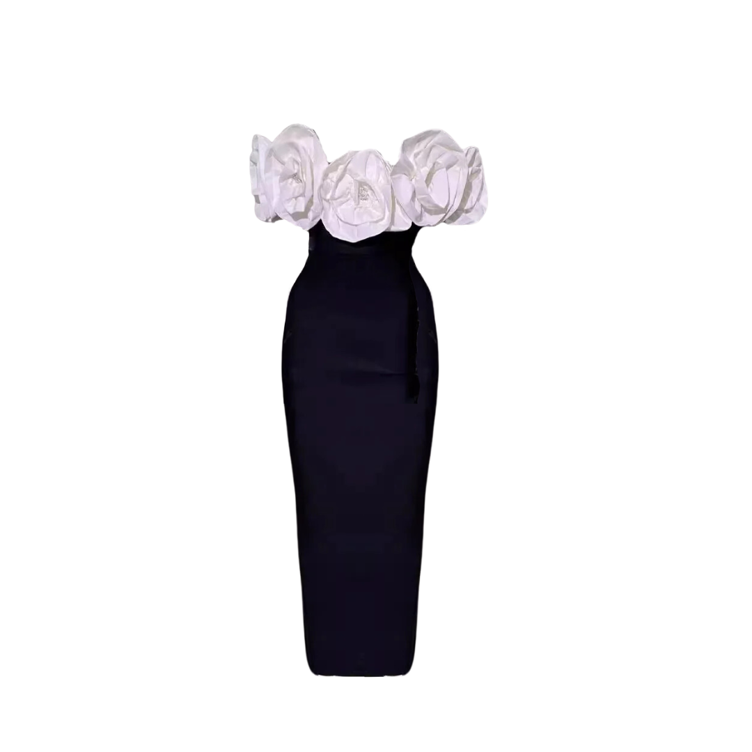 Large White Flower Black Bandage Dress