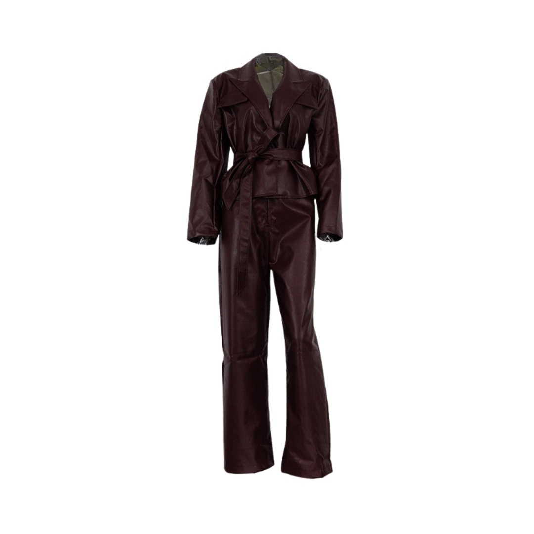 Vintage Burgundy Faux Leather Tie Waist Jacket + Pants Set