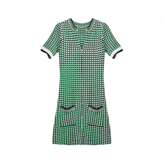 Retro Green Checkered V-Neck Slim Fit Dress