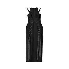 Hollow Double Split Ribbon Bandage Dress