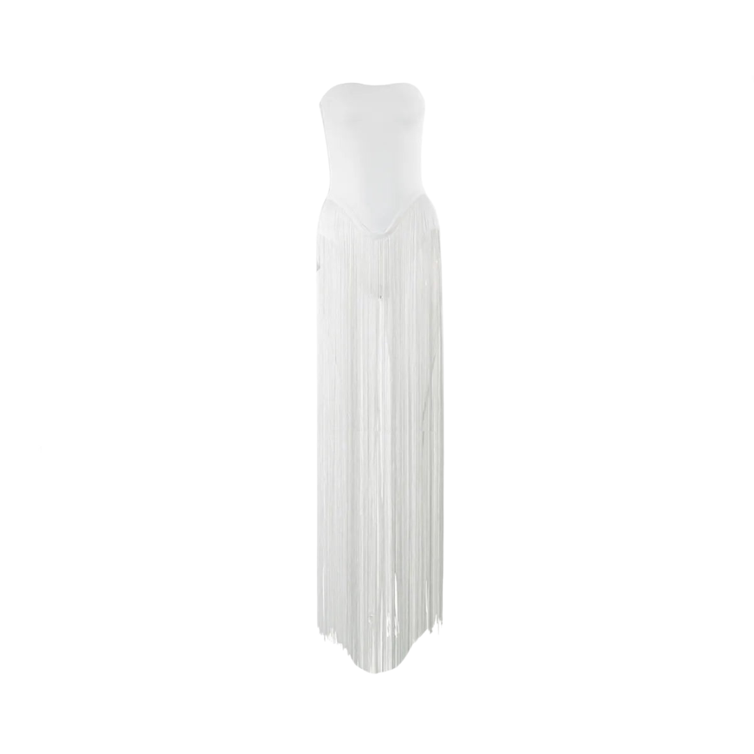 Solid Tassel Patchwork Strapless Dress